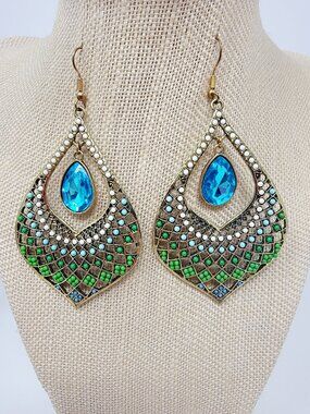 Large Boho Statement Dangle Earrings Blue Teardrop Beaded Openwork Gold Tone